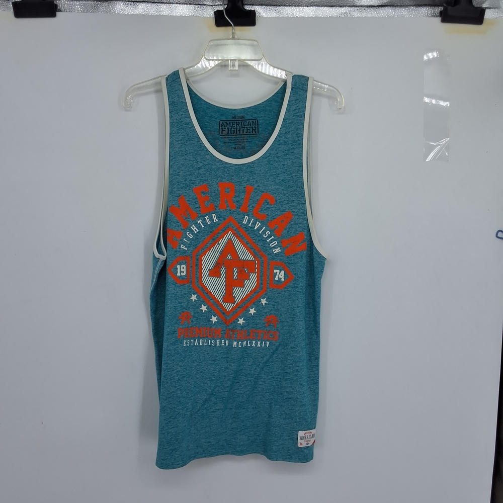 AMERICAN FIGHTER medium Teal Graphic Tank Top with Orange Print